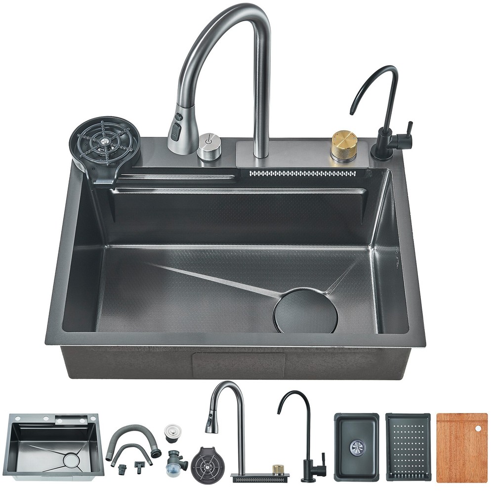 24 in Flying Rain Stainless Steel Waterfall Kitchen Sink with Faucet Single Bowl