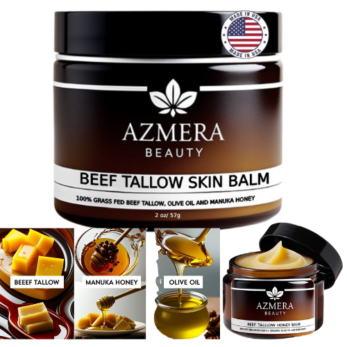 100% Grass-Fed Beef Tallow Balm with Organic Olive Oil Manuka Honey Moringa oil.