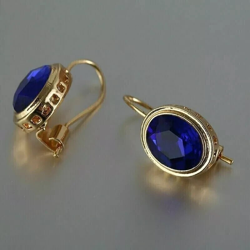 Oval Cut Simulated Blue Sapphire Women's Drop Earring 14K Yellow Gold Plated