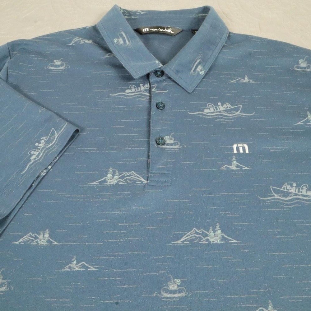 Travis Mathew Polo Shirt Mens 2XL Blue Fishing Boat Geometric Golf Performance