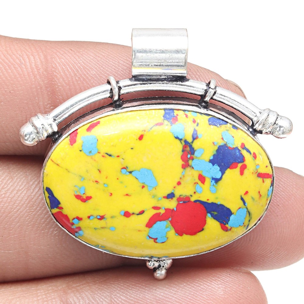 Handmade Silver Pendant with Mosaic Jasper Gemstone Jewelry Gift for Her 1.5 Inch