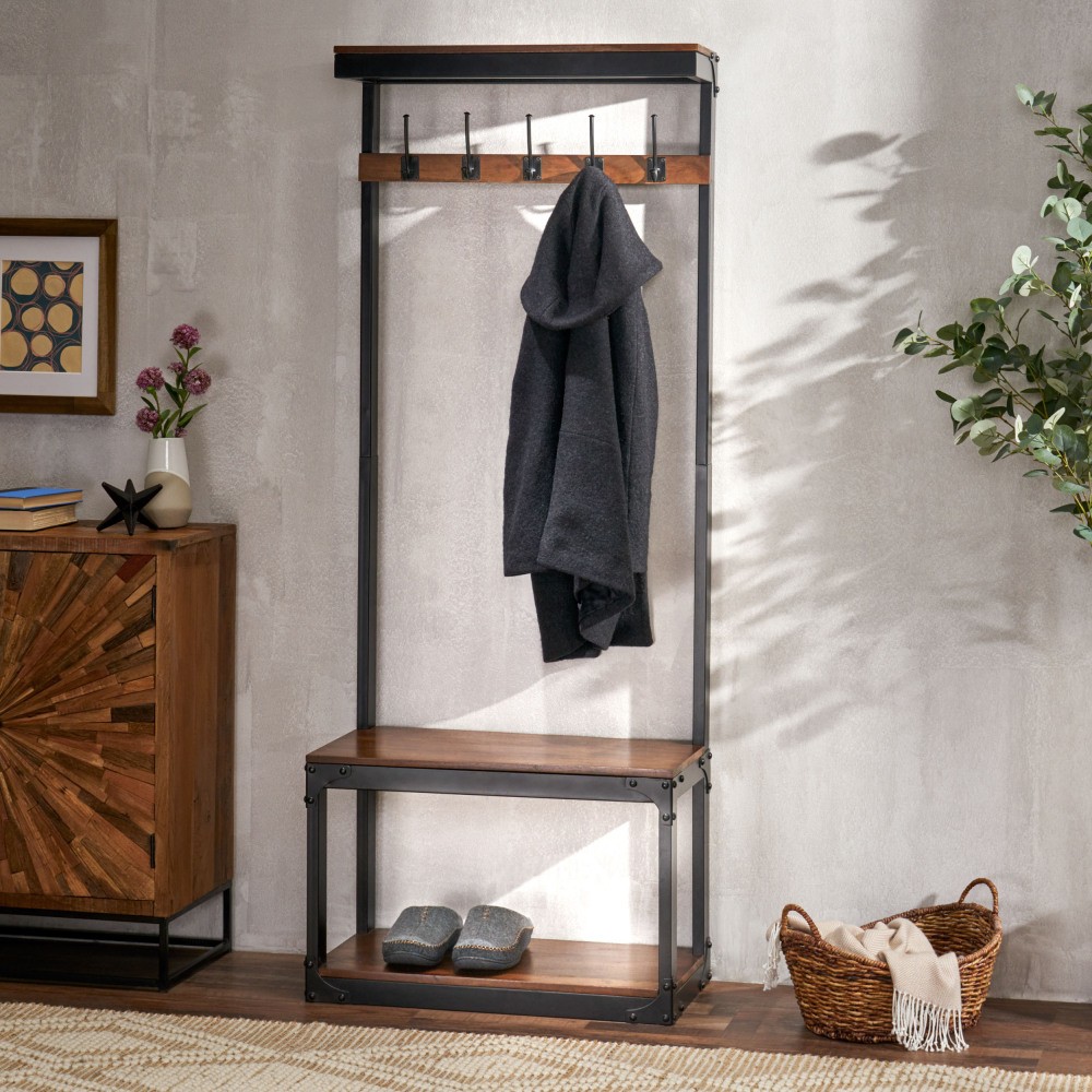 Coat rack with five double hooks Includes bench Features shoe storage space