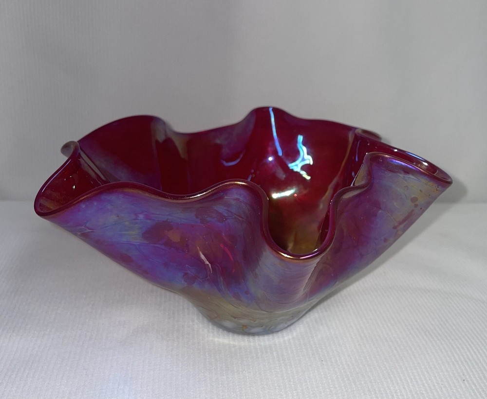 Hand Blown Wavy Edge Iridescent Carnival Glass Bowl Pontil Mark 3 1/2 Inches