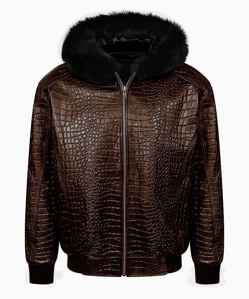 Men's D Brown Croc Embossed Genuine Leather Hooded Jacket All Sizes