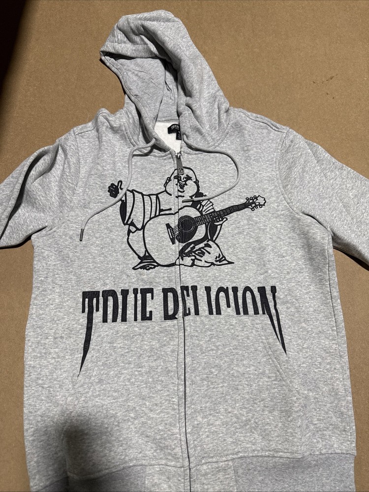 True Religion Men's Crackle Zip-Up Hoodie in Gray Size M New