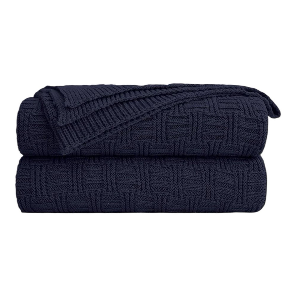 OEKO-TEX Cable Knit Throw Blanket Cotton Navy Soft Cozy 50x60 New