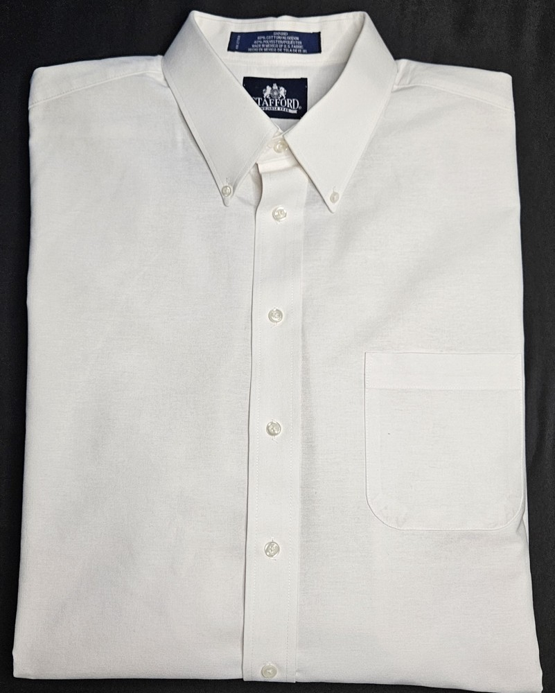 Mens Stafford Wrinkle Free Oxford Long Sleeve White Button Up Shirt 17 1/2 34-35