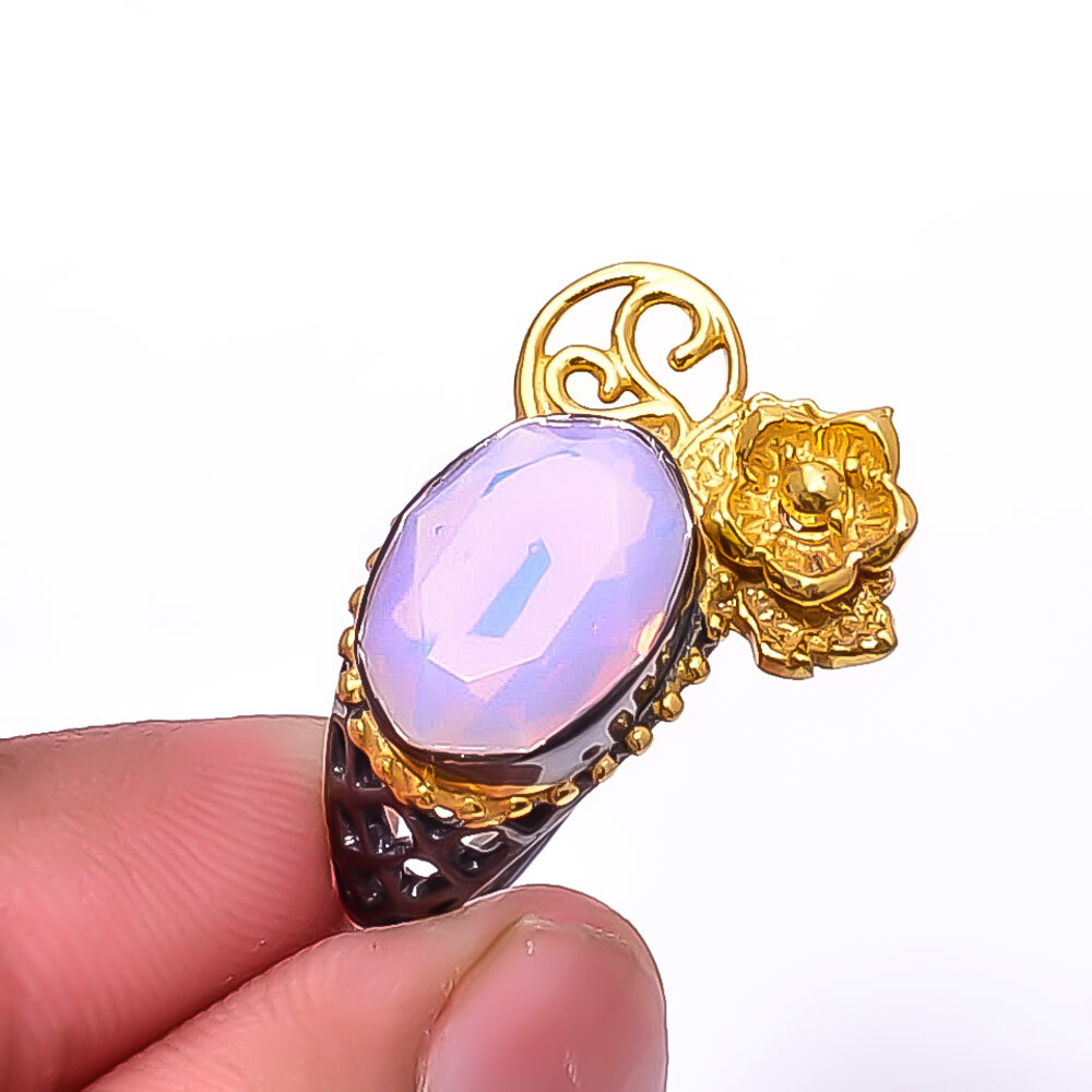 Milky Pink Opal Black And Gold Plated 925 Sterling Silver Ring s.8 R7