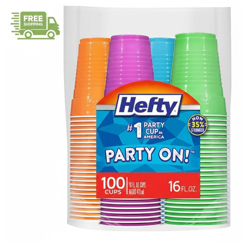 Hefty Party On Disposable Plastic Cups, Assorted, 16 Ounce, 100 Count