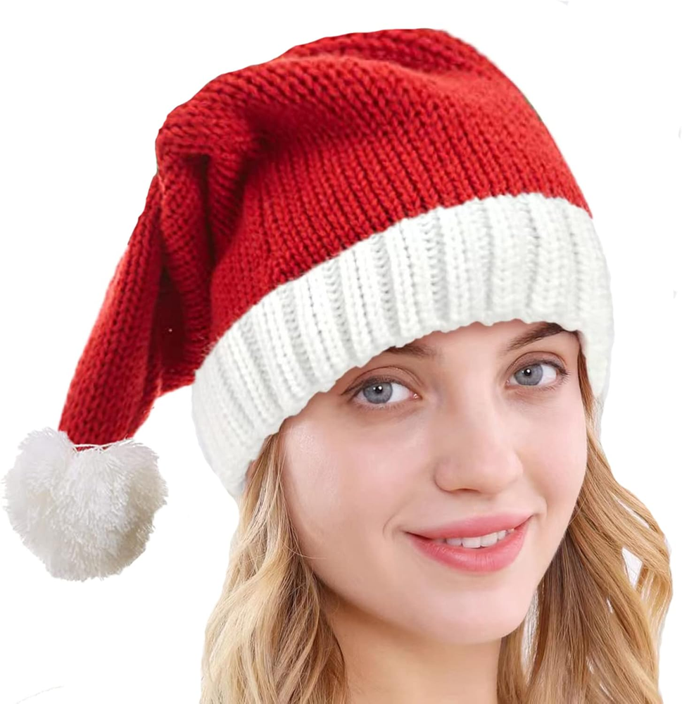 Knitted Santa Hat for Women, Men Christmas Hat Knit Winter Warm Beanie Xmas H...