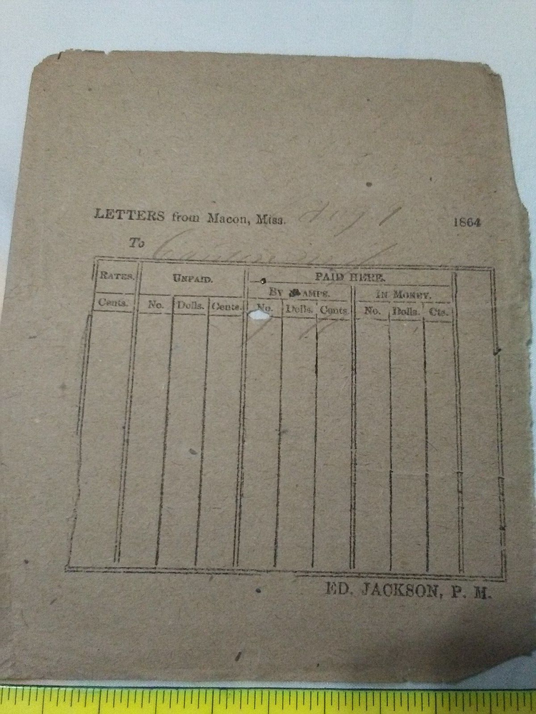 CONFEDERATE POSTAGE RECEIPT FOR LETTERS TRANSFERRED FROM MACON TO CANTON 1864