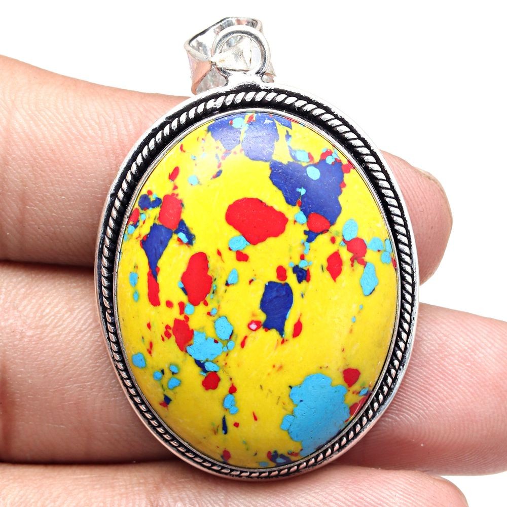 Handmade Silver Pendant with Mosaic Jasper Gemstone Gift for Her 2 Inch