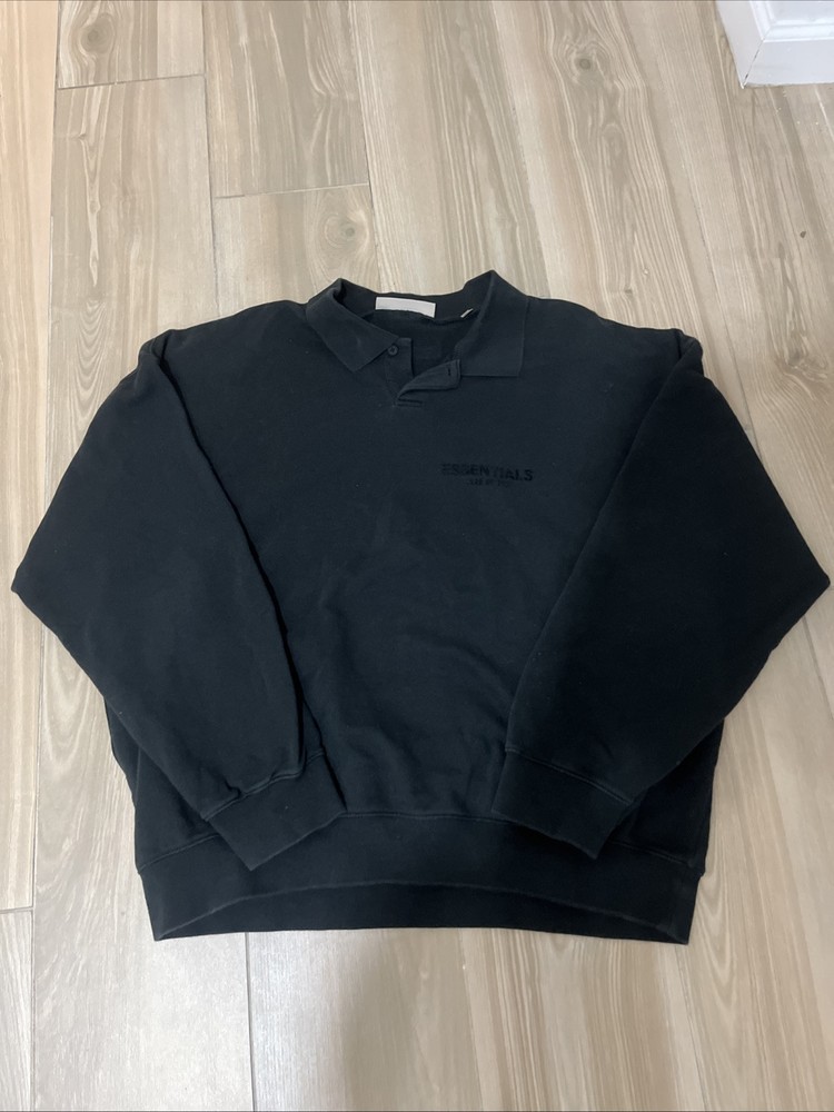 Fear of God Essentials Black Collared Crewneck Sweatshirt Size Large  