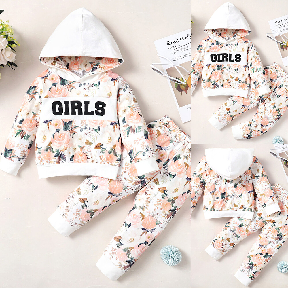 Newborn Baby Girls Kids Floral Hooded Top Pants Outfits Clothes Set Tracksuit