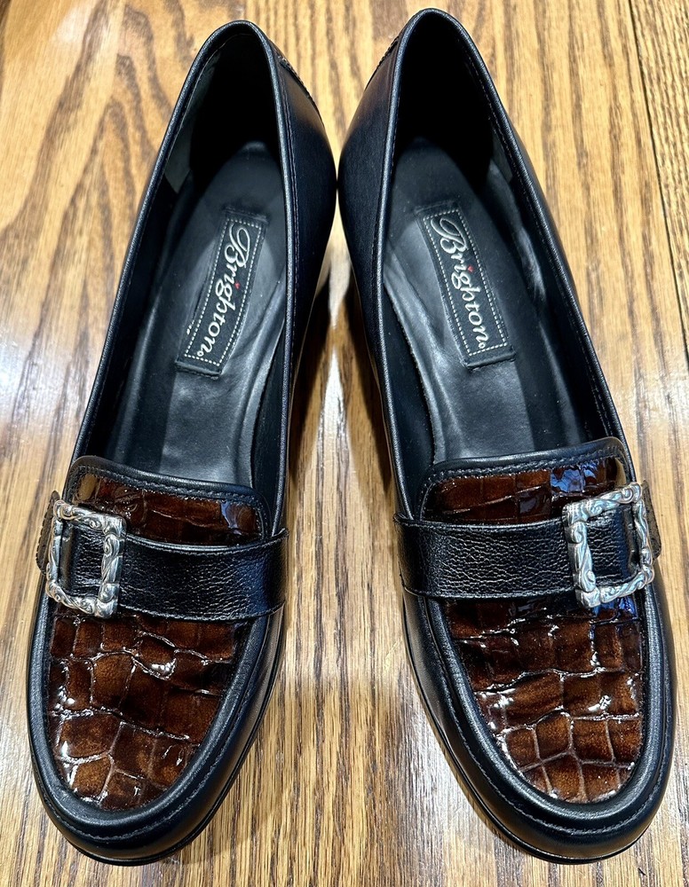 BRIGHTON Adele 7.5M  Black  Brown Croc Imprint Patent Buckle Loafers A+ 32