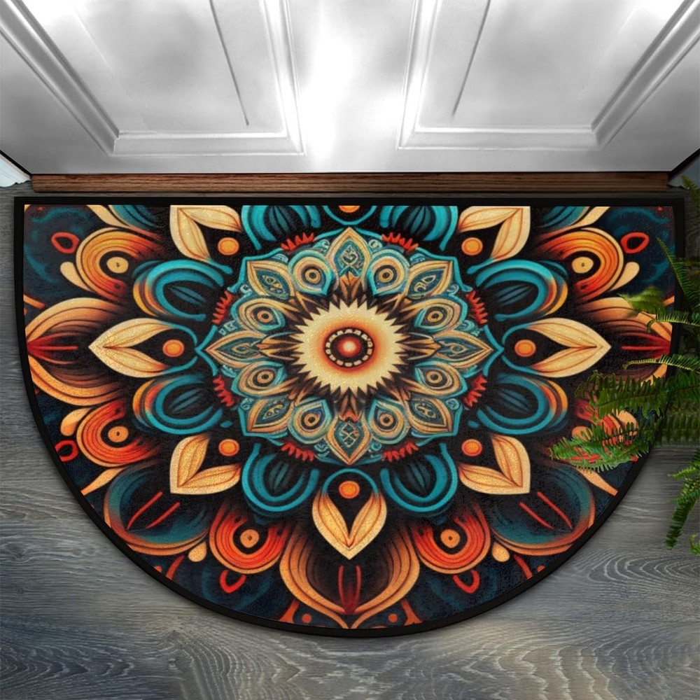 Bohemian Flower Half Round Doormat Boho Floral Washable Semi Circle Area Rug ...