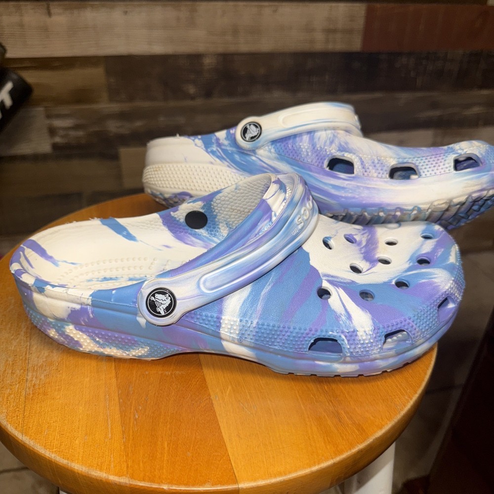 Crocs Classic Tie Dye Slip-On Clog in White Blue Purple - Unisex Women 11 Men 9