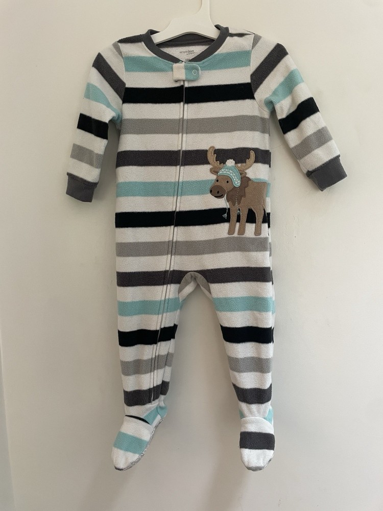 Carters Baby Boy 1-Piece Striped Moose Applique Fleece Long Sleeve PJs White 18M