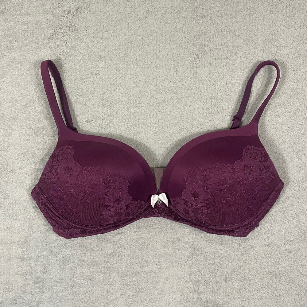 Body By Victora Secret No Wire Bra Womens Size 36D Burgundy Purple Lace Bow