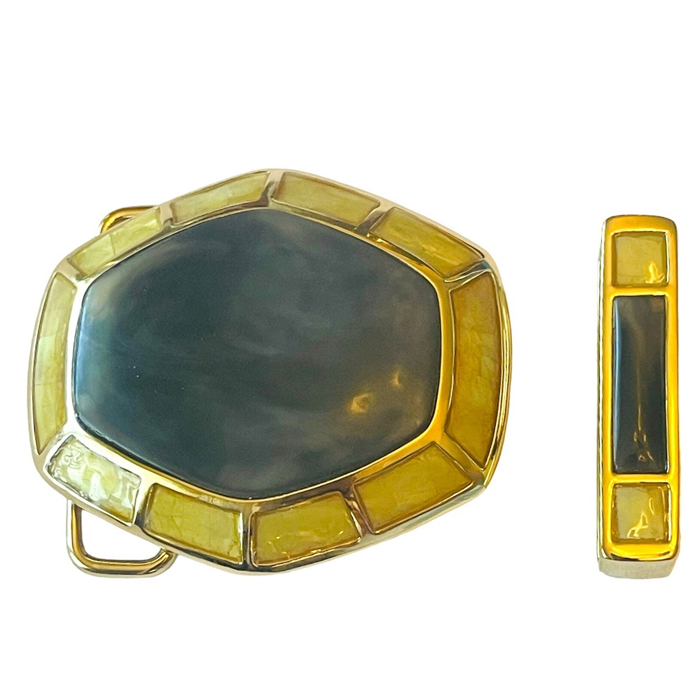 Interchangeable Belt Buckle Gold Tone with Loop Yellow Brown Stained Glass Look