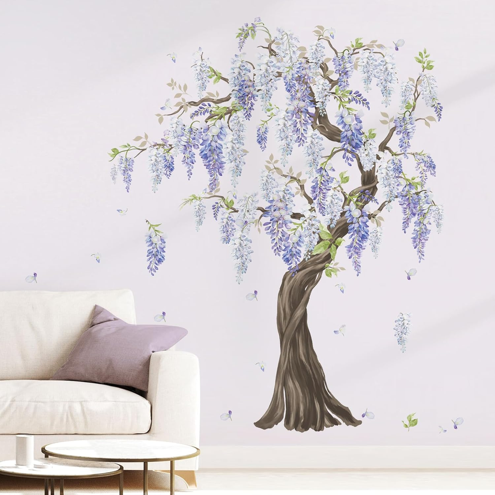 Purple Flower Tree Wall Stickers Large Tree Hanging Wisteria Floral Peel and Sti