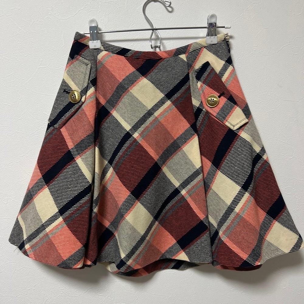 BURBERRY BLUE LABEL Plaid Skirt Size 38 Wool Flare Navy Orange Side Pockets New