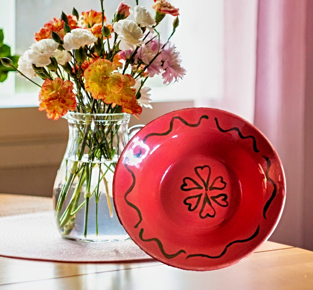 Handcrafted Potterville Pottery 11-Inch Bowl with Coral & Green Heart Design