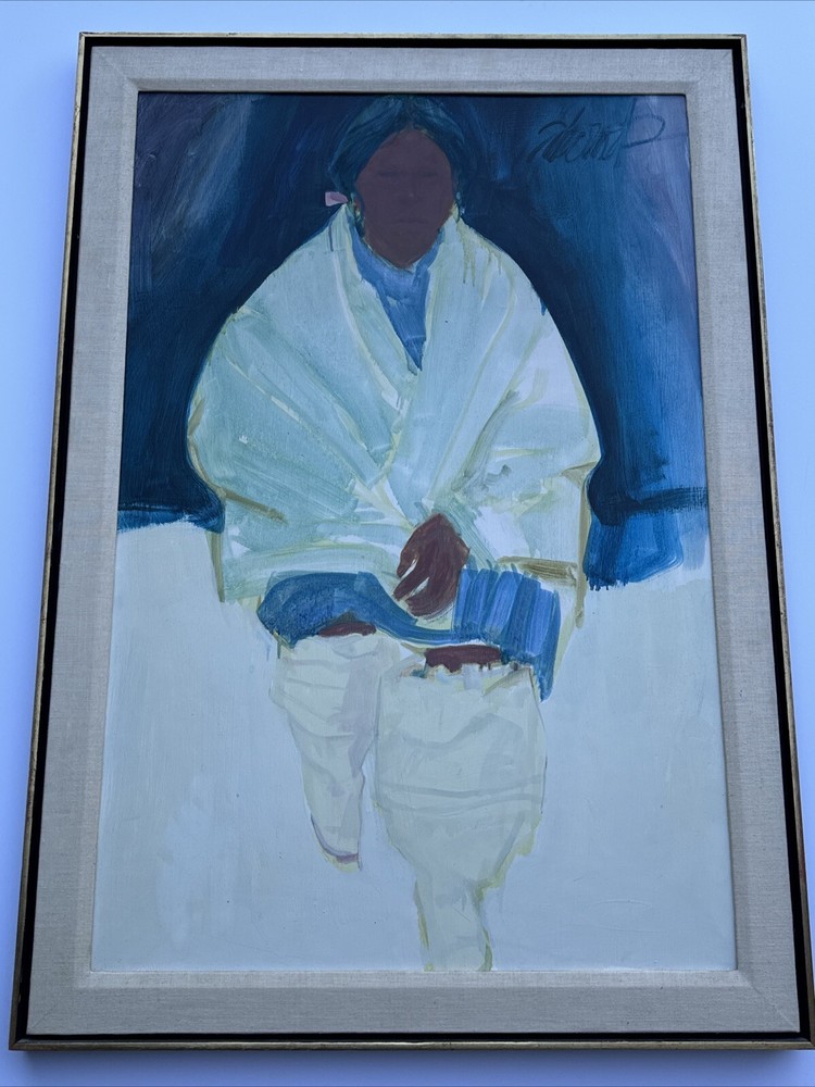 Vintage 1960s Taos Indian Portrait Painting of Woman in Wedding Boots