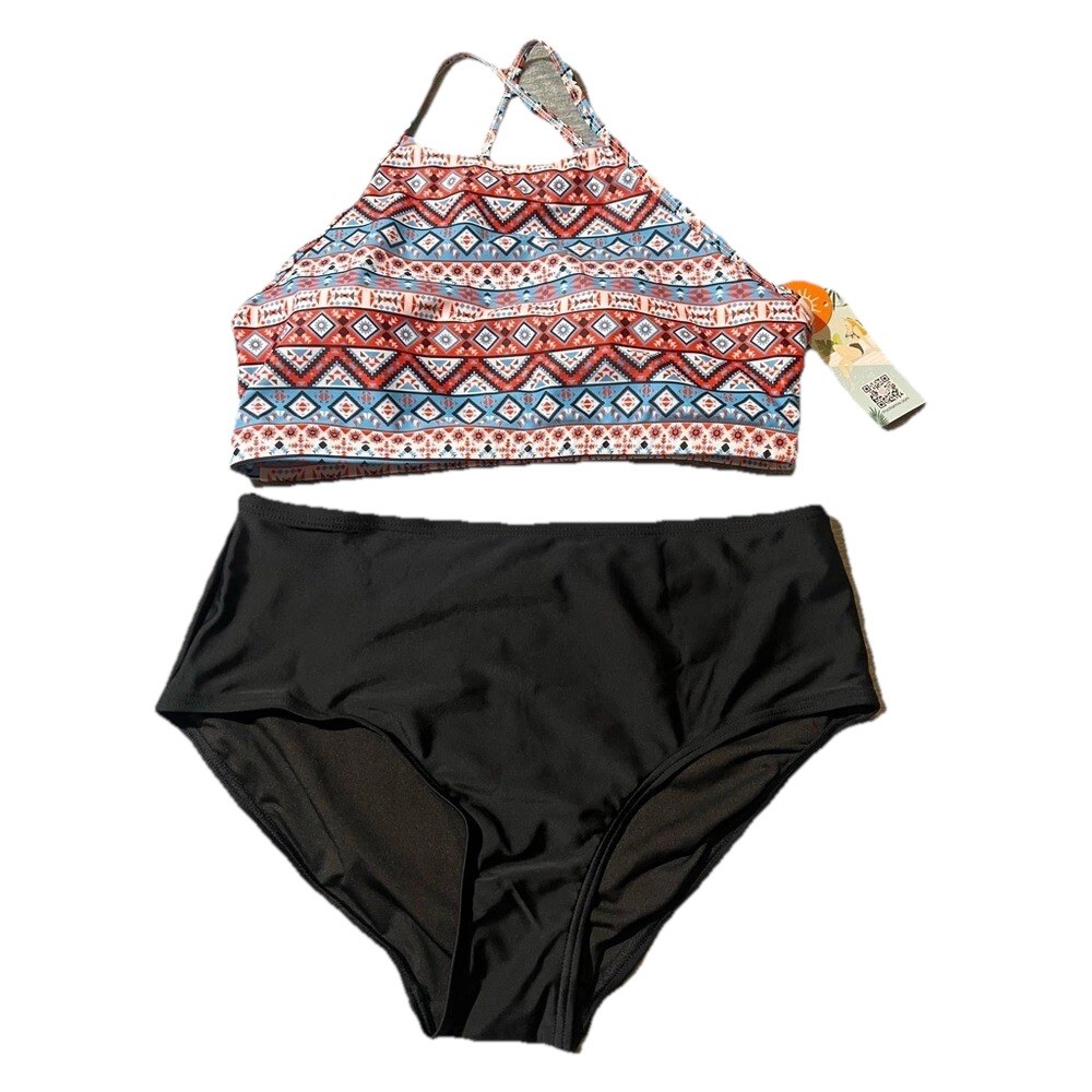 Swimsuit Bikini 2 Piece Women M Charmo Halter Top Aztec Print Beach UPF 50+ New