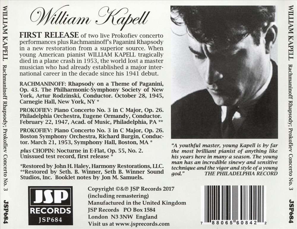 WILLIAM KAPELL WILLIAM KAPELL: LIVE PERFORMANCES - THREE FIRST RELEASES NEW CD
