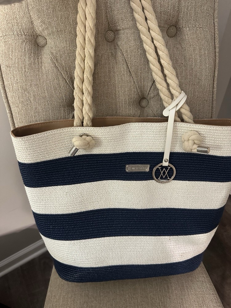 Amiana Large Beach Tote Bag Blue And White With Rope Handles EUC