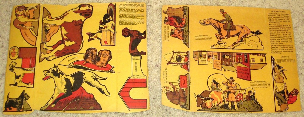 Post Toasties Dogs Frontier Character Cut-Outs Cereal Box Backs 1930s-40s - LOT