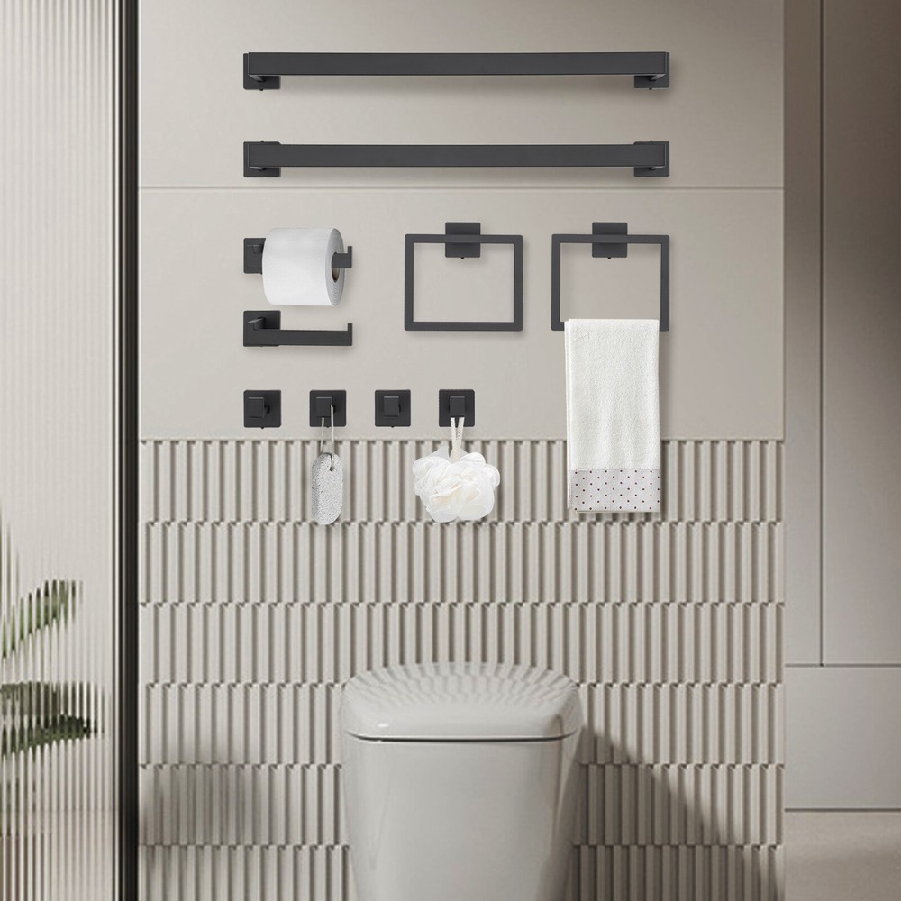 10-Piece Matte Black Bathroom Accessory Set with Wall-Mounted Towel Bars