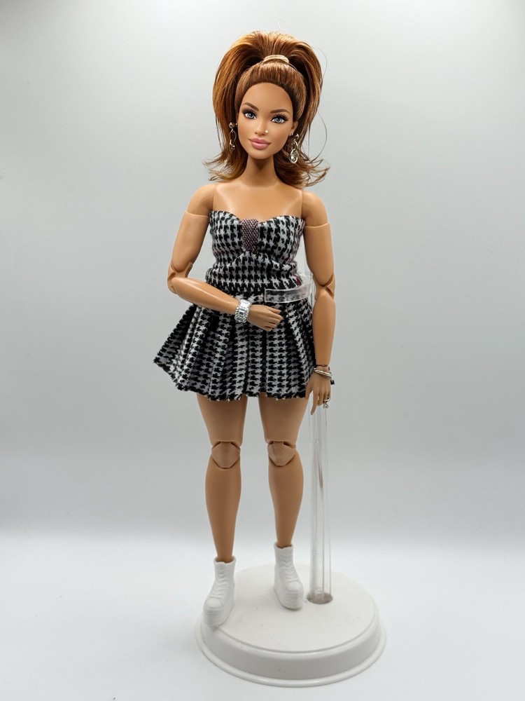 Hand-sewn Plaid Pleated Dress For Curvy Barbie Doll