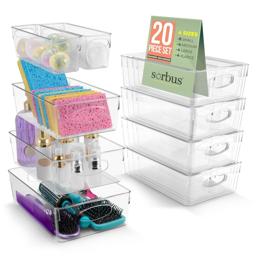 (20-Pk) Sorbus Storage Bins for Organizing with Handles Clear Plastic FR-BN20