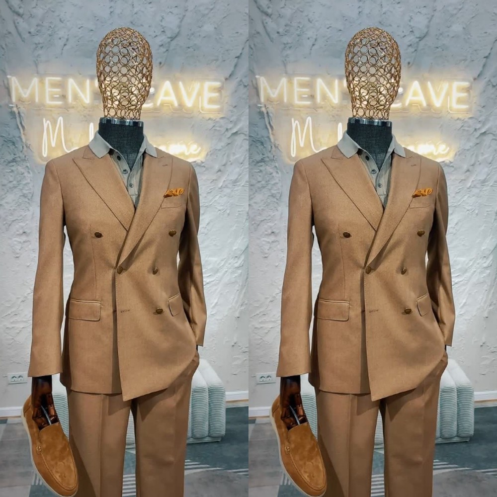 Brown Retro Men's Suits Peak Lapel Double Breasted Wedding Tuxedo