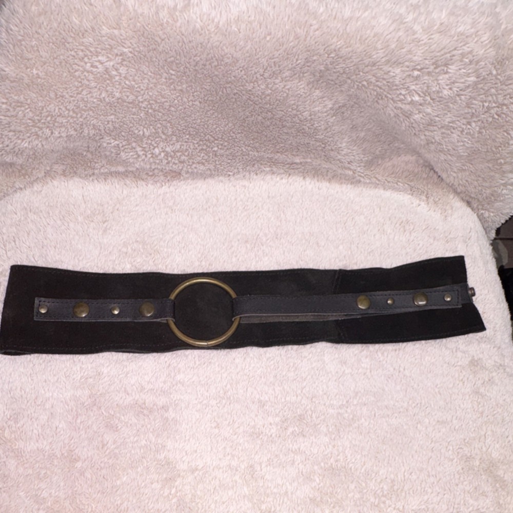 Black Women's Wide Waist Belt Adjustable Buckle Brass Accents