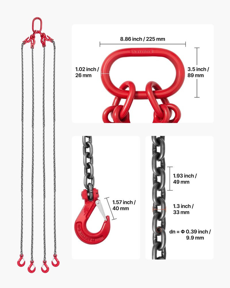 Chain Sling, 3/8 in x 10 ft Lifting Chains with 4 Leg Grab Hooks, Heavy Duty G80