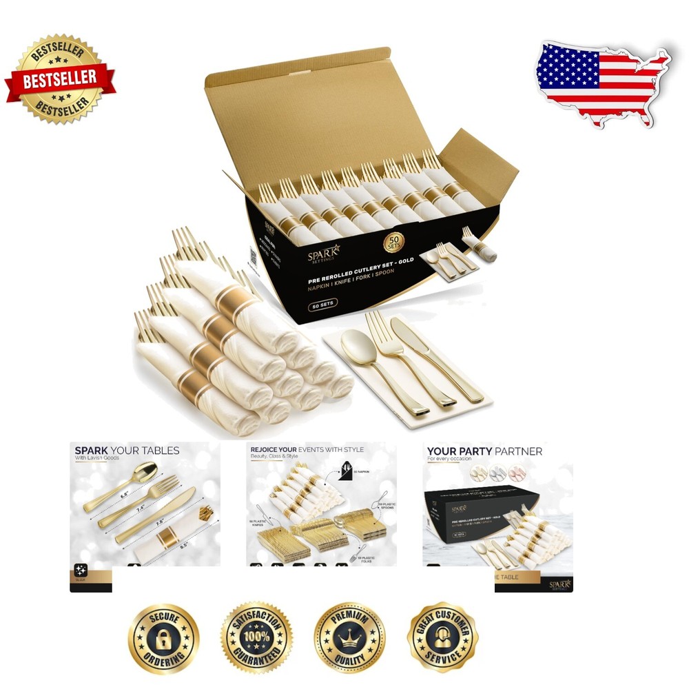 Elegant Gold Disposable Plastic Silverware Set with 50 Napkins and Cutlery Rolls