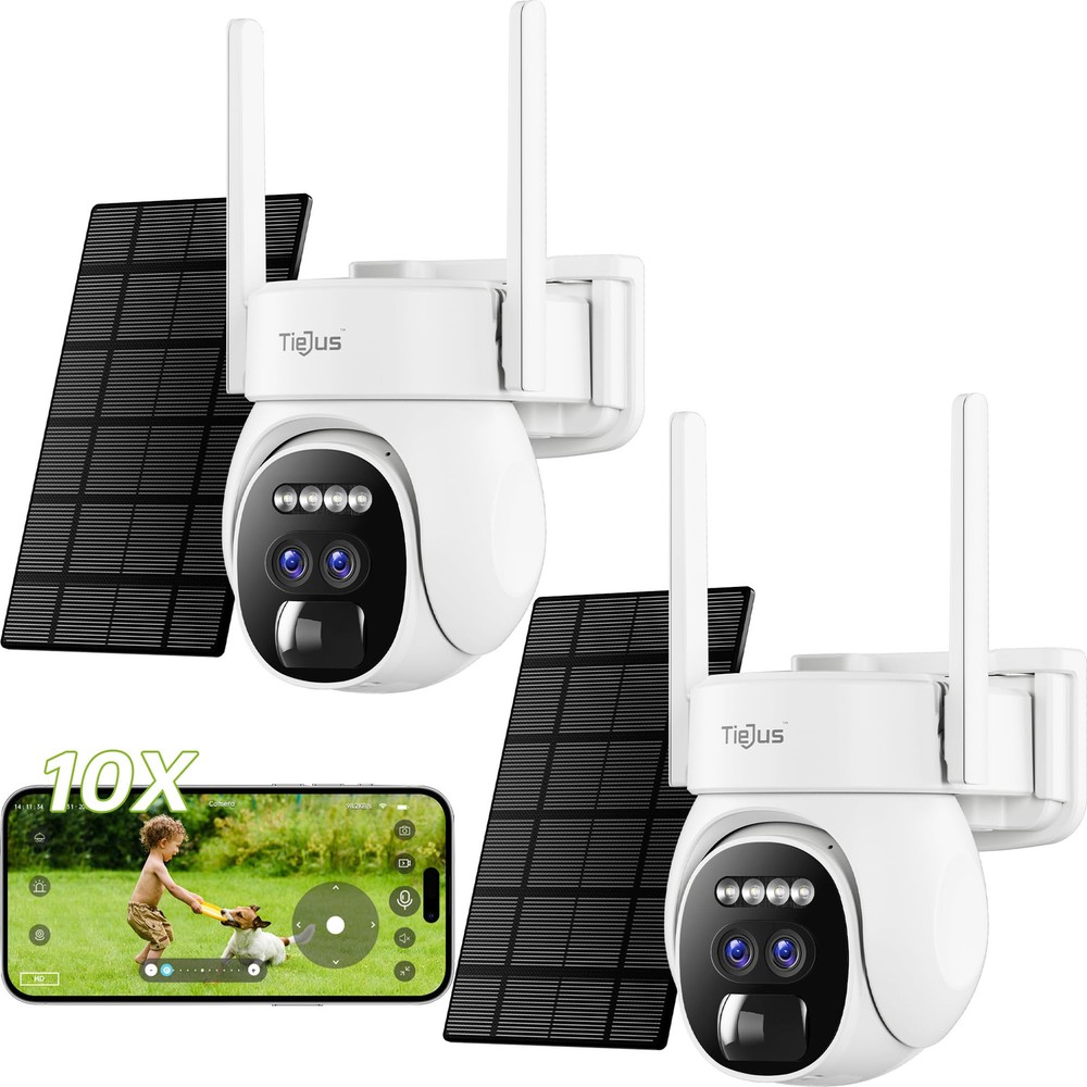 Dual Lens Wireless Outdoor Solar PTZ Security Cameras 360° View 2-Pack