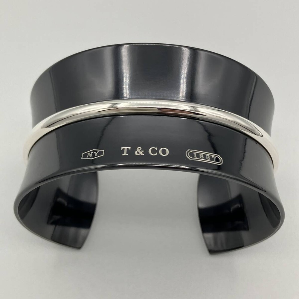 Tiffany & Co. 1837 Black Titanium & Silver AG925 Cuff Wide Bangle Bracelet 6
