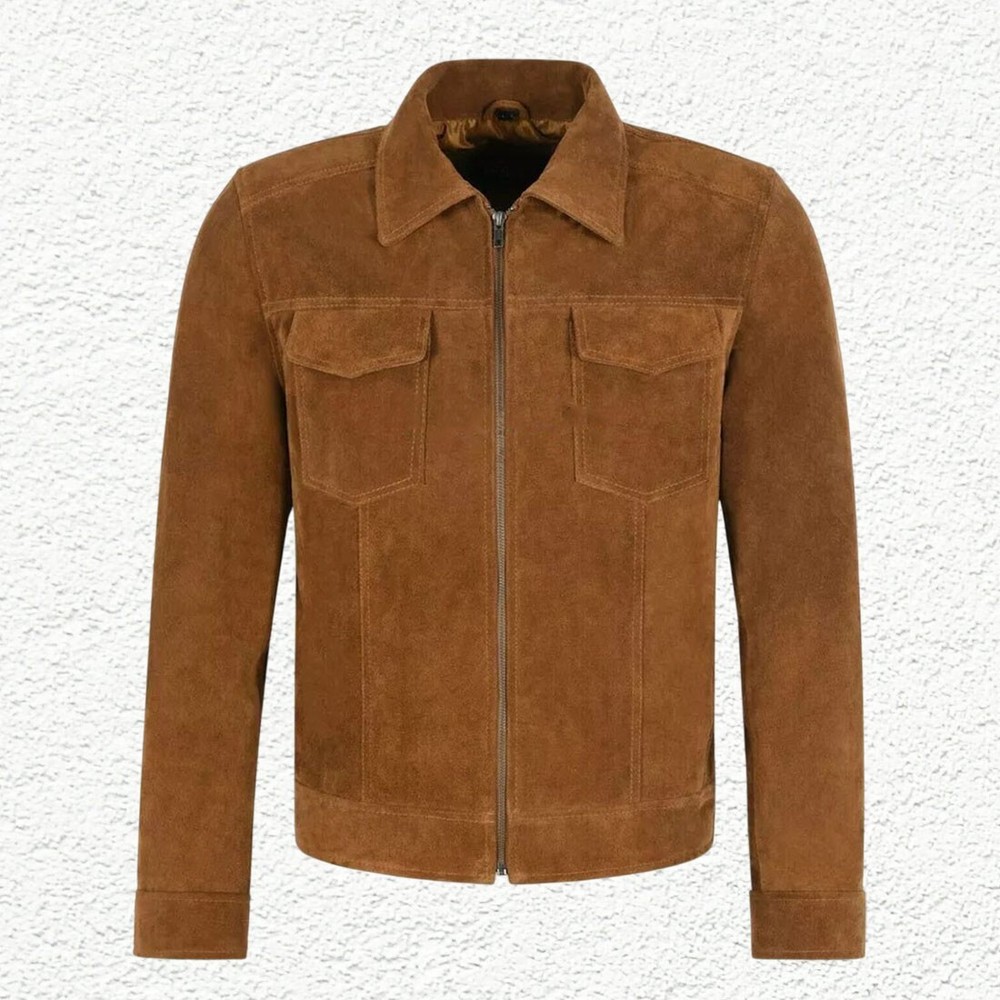 Classic Tan Men's Sheepskin Suede Biker Jacket with Zipper Luxury Coat