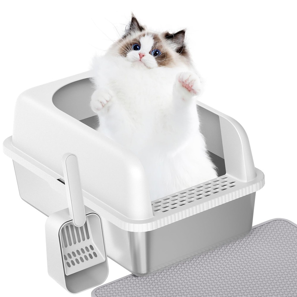 Stainless Steel Cat Litter Box with High Walls & Lid for Easy Cleaning