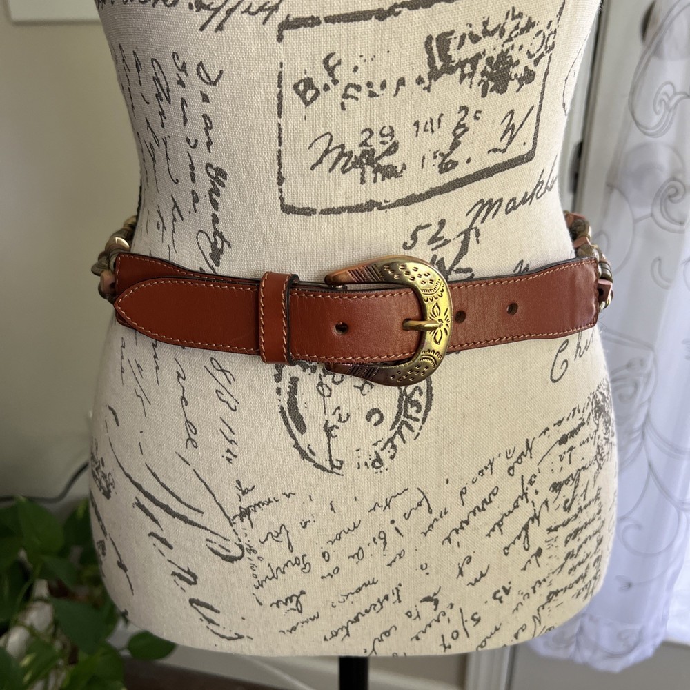 Boho Leather Beaded Belt for Women with Ombré Wood Beads and Gold Buckle Medium