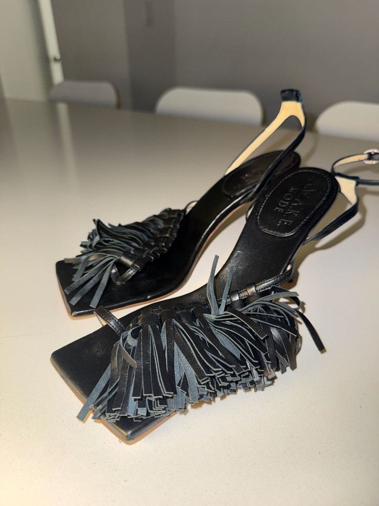 A.W.A.K.E. MODE Delta Black Tassel High Heel Sandals