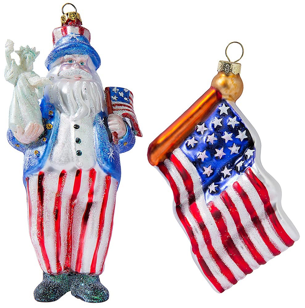 Blown Glass American Flag Ornament and Patriotic Santa Red, White, Blue