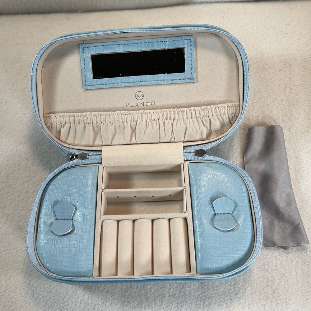 Vlando Blue Travel Jewelry Box with Mirror Velvet Flannel Lining