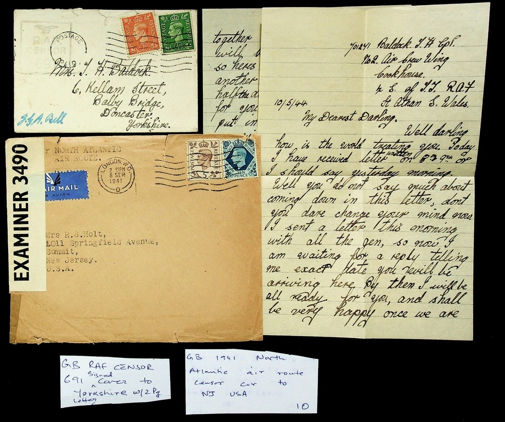 SEPHIL GB 1941 WWII RAF CENSORED AIRMAIL 2 COVERS W/ 4v TO YORKSIRE & USA+LETTER