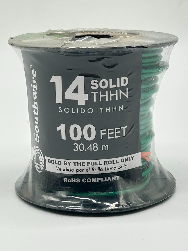 Southwire 600v Green THHN 14 Gauge  Solid Wire, 100' Single Wire Spool New