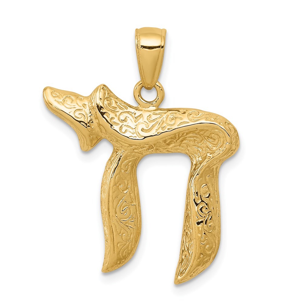 14k Yellow Gold Jewish Chai (Long Life) Pendant L-1.07 Inch, W-0.87 Inch